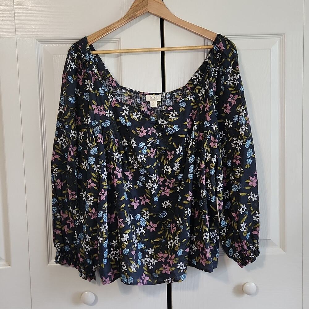 a.n.a Women's Blue/Gray Floral Sweetheart Neck Balloon Sleeves Blouse SZ‎ 1X